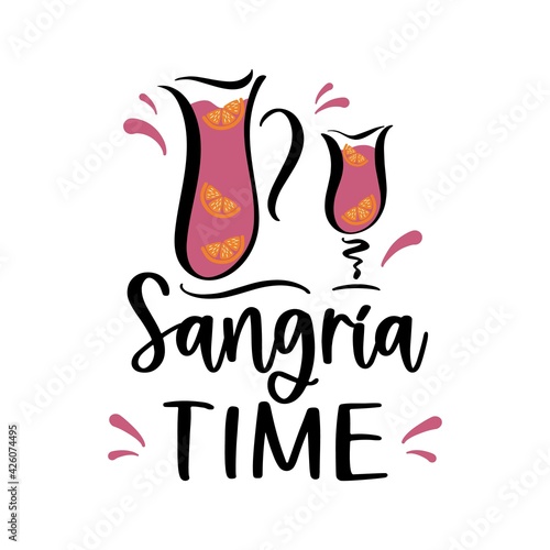 Hand sketched Sangria Time quote with bottle, glass and orange fruits. Traditional spanish beverage. Vector illustration of Wine summer Alcohol drink, wine cocktail.
