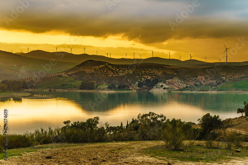 Andalucia at sunset with wind turbines  Spain
