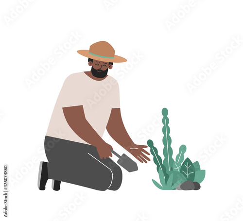 Vector isolated concept. African American man plants flowers by spatula. Smiling farmer care for green organic vegetables in garden. Happy grower love to spend day in nature. Lifestyle of ecologist