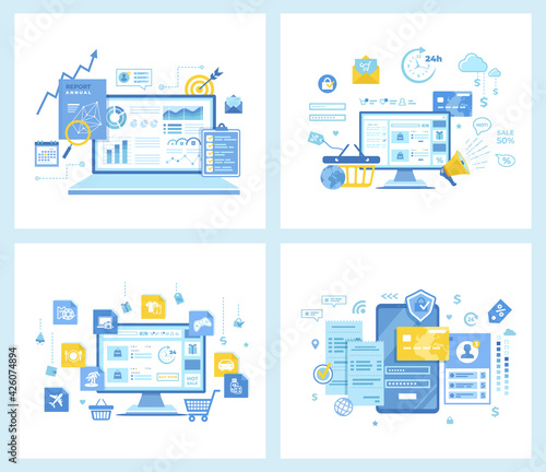 Set of  flat vector illustrations for online Payment, online Shopping, money transfer, online banking. Financial report, accounting, analysis, audit. Concept for websites.