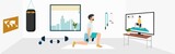 workout online. Stay at home. keep fit and positivity Man does exercises on a laptop and a monitor. Healthy lifestyle. Coronavirus quarantine isolation. Vector illustration.