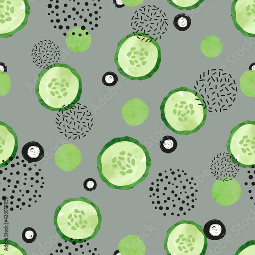 Seamless abstract pattern with cucumber slices. Vector watercolor vegetable background