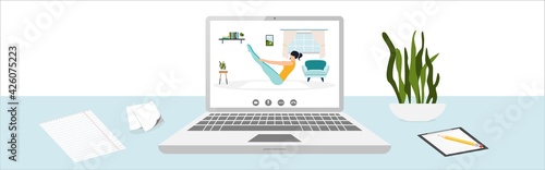 Workout online. Laptop and video of girl working out at home. Online videos of sports and fitness workouts. Workouts at home. Healthy lifestyle. Coronavirus quarantine isolation. Vector.