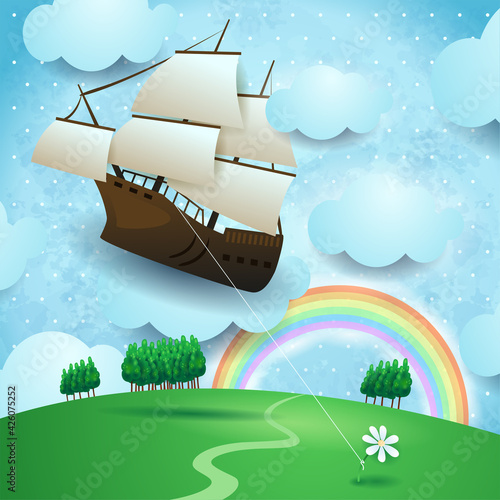 Flying vessel hanging at the flower on country landscape, vector illustration eps10