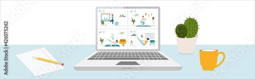 Workout online. Laptop and video of girl working out at home. Online videos of sports and fitness workouts. Workouts at home. Healthy lifestyle. Coronavirus quarantine isolation. Vector.