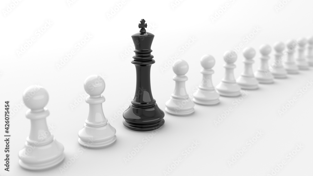 Leadership concept, black king of chess, standing out from the crowd of white pawns, on white background. 3D Rendering Leadership concept, black king of chess, standing out from the crowd of white pawns, on white background. 3D Rendering