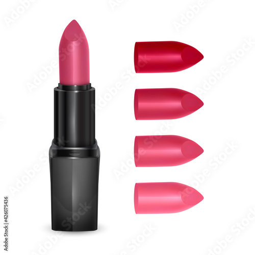 Set of color lipsticks. Red lipstick, pink lipstick, Realistic lipstick set isolated on white background