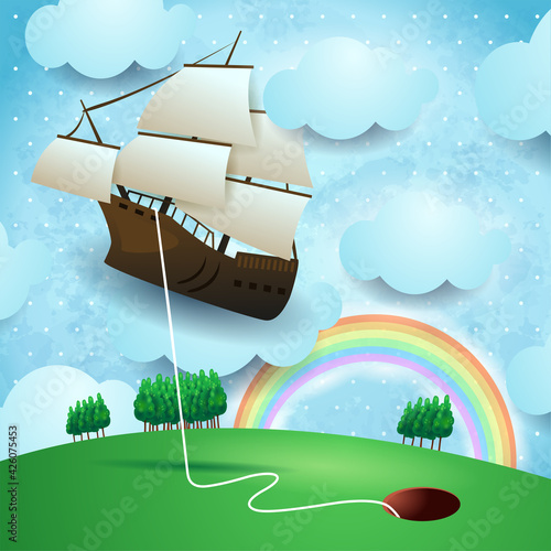 Flying vessel hanging at the hole on country landscape, vector illustration eps10