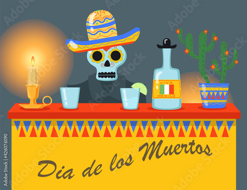 Mexican skeleton in sombrero drinking tequila. Glass, alcohol, beverage flat vector illustration. Day of dead festival and celebration concept for banner, website design or landing web page