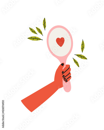 Vector illustration of a hand-holding mirror. Concept of self-acceptance and self-love. Hand-drawn illustration of mental health. Peace of mind.