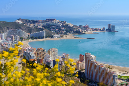 View of Cullera beach from above. Blurry foreground. Valencia Spain. photo