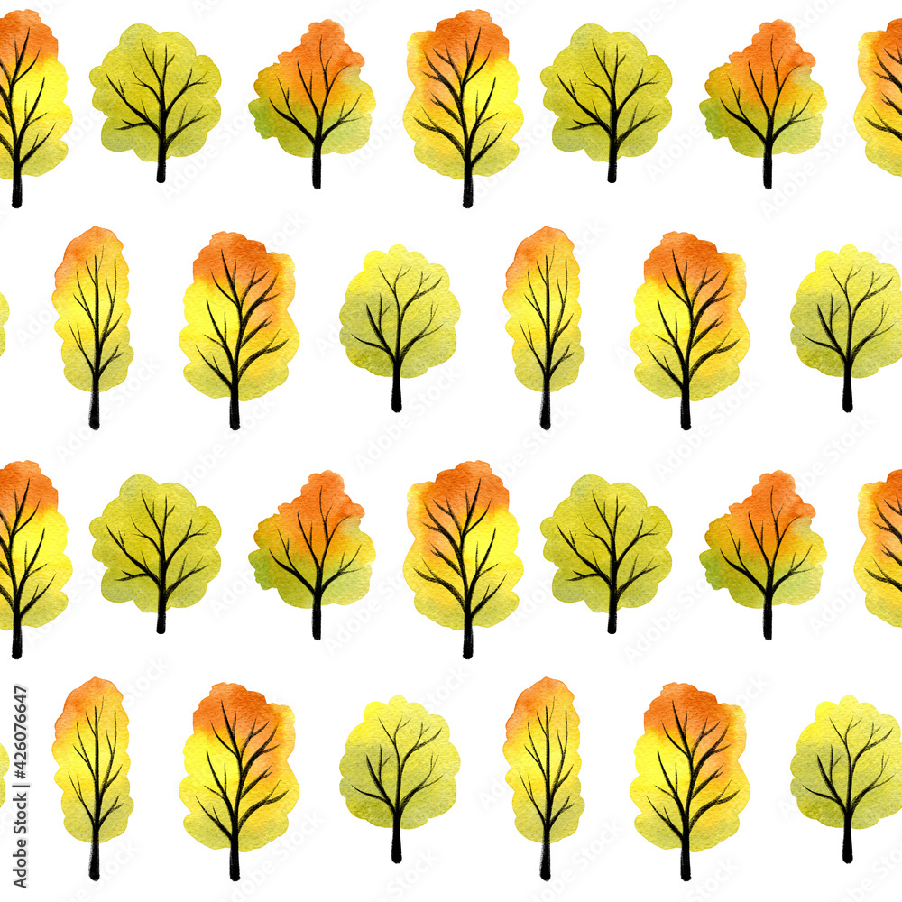 Obraz premium Watercolor red, yellow and green autumn tree collection isolated on a white background. Fall season colorful background. Hand drawn seamless pattern for fabric and wallpaper