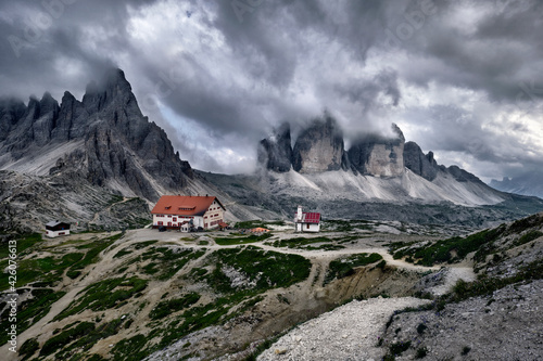Cloudy day on Locatelli hut and Three Peaks in the Dolomites, Trentino-Alto Adige, Italy