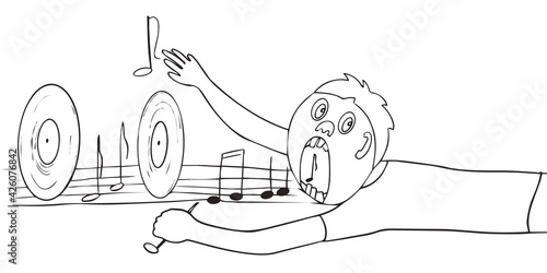 comic character. A man who loves music very much, listening to everything in a row. Meloman. Records and sheet music. Line art, vector illustration hand drawing