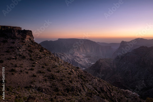 Blue hour on the rocky landscape of Jebel Akhdar mountains in Oman, Middle East photo