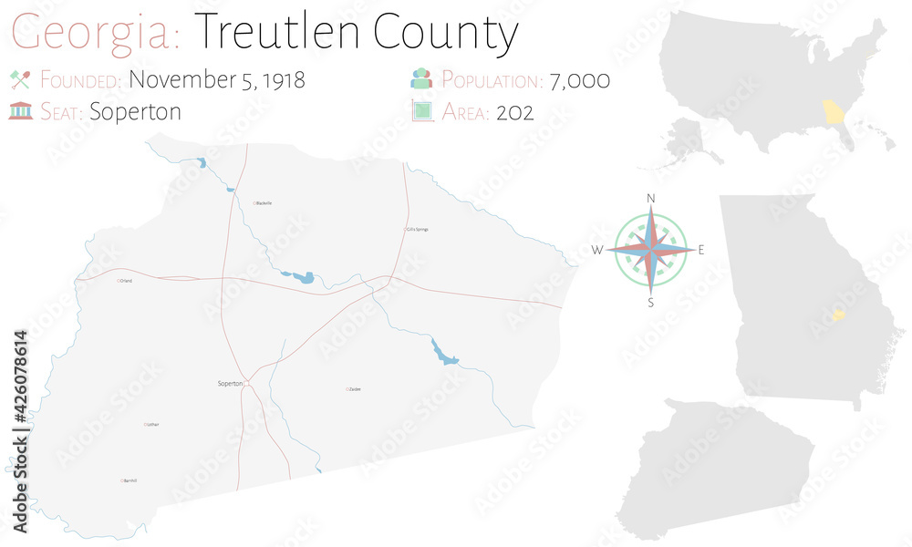 Large and detailed map of Treutlen county in Georgia, USA.