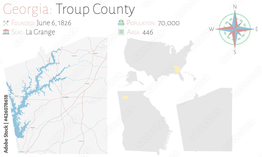 Large and detailed map of Troup county in Georgia, USA.