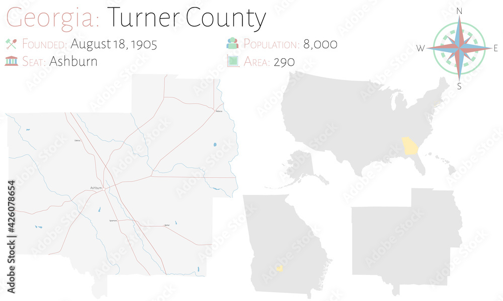 Large and detailed map of Turner county in Georgia, USA.