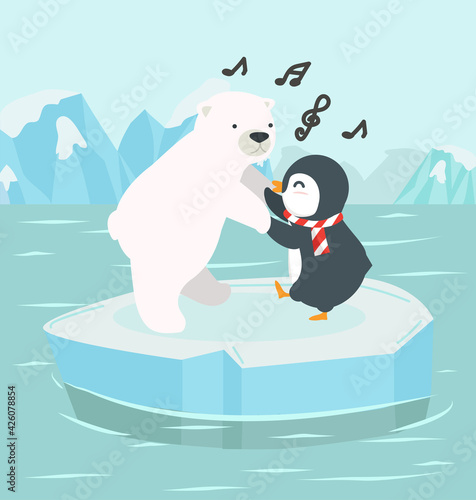 polar bear with penguin on an iceberg at North pole Arctic