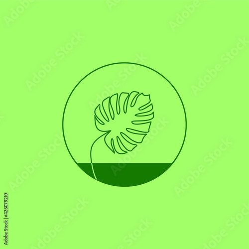 Monstera deliciosa leaf round logo on a green background