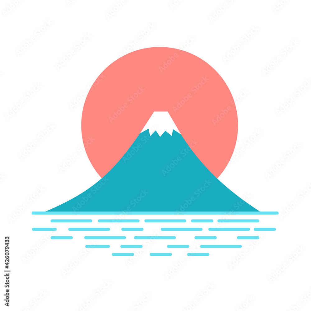 Fuji sunrise. Big round pink sun above fuji mountain. Vector isolated. Fuji sunrise. Big round pink sun above fuji mountain. Vector isolated.