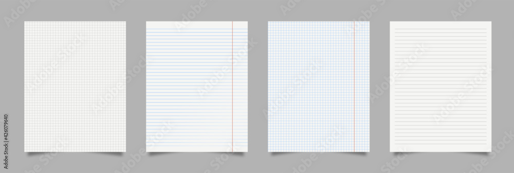 Realistic blank squared and lined paper sheets set. Realistic paper sheet of lines and squares notepad pages set isolated on grey background. Vector illustration eps 10 - obrazy, fototapety, plakaty 