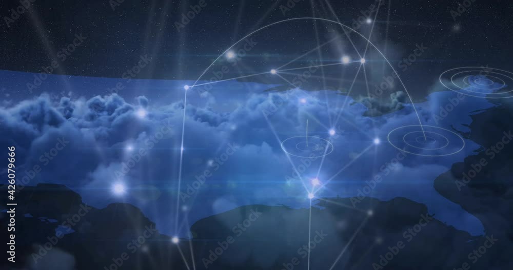 Glowing network of connections over world map against clouds in the sky Glowing network of connections over world map against clouds in the sky