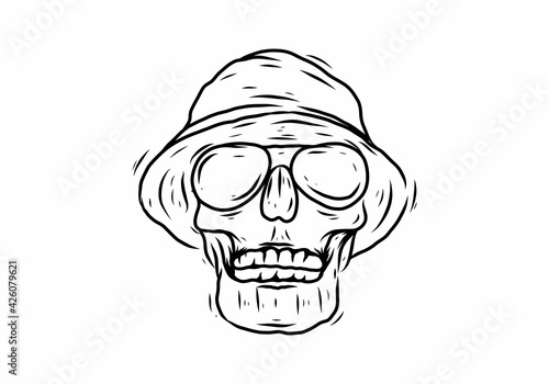 Line art drawing of skull head with funky hat