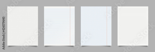 Realistic blank squared and lined paper sheets set. Realistic paper sheet of lines and squares notepad pages set isolated on grey background. Vector illustration eps 10 photo