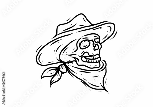 Line art illustration drawing of skull cowboy head
