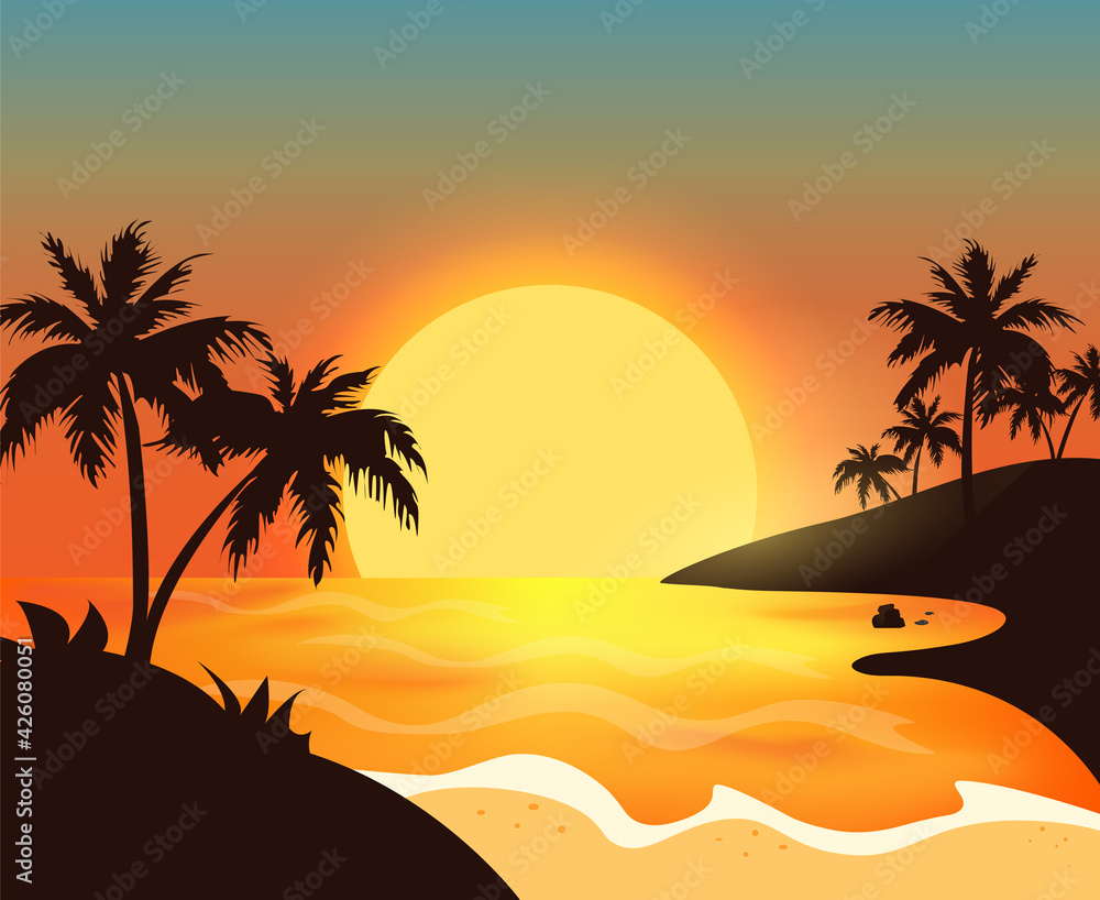 Sunset, sea, palms, beach, ocean in the evening.vector image
