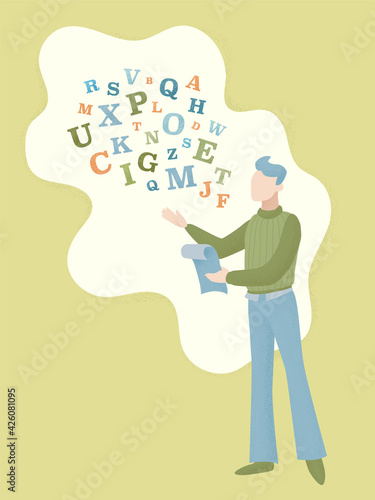 Author writer reading his text poem. Young male person wearing sweater stand and recite his poetry work. Literature course hobby group announcement flyer picture. Colored flat character vector eps10.