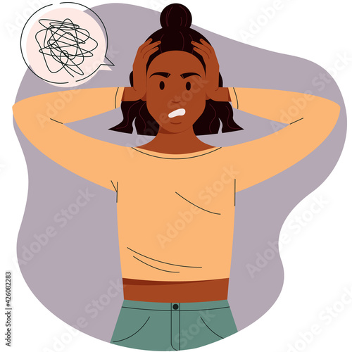 A furious woman with an angry expression on her face. An angry woman with a confused mind. Flat vector illustration of an irritated woman on an abstract background