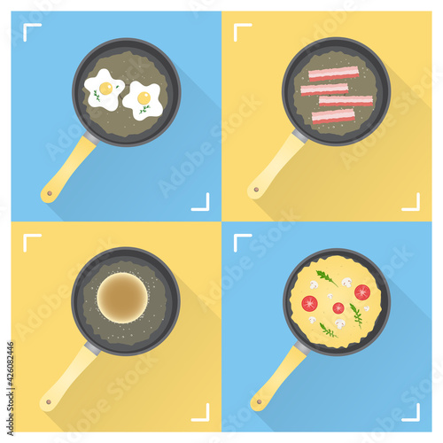 Set of cooking pan: fried eggs on a pan, bacon in boiling oil, omelette with arugula mushrooms and tomatoes, baking pancake. Simple hand drown flat vector illustration icon set. Editable eps 10.