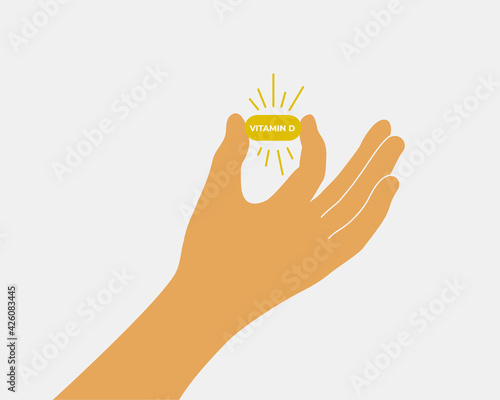 Human hand holding vitamin D pill. Healthcare, cure, treatment concept. Female or male fingers show yellow medical drug with sun rays. Self, health care. Prevention deficit vitamin vector illustration