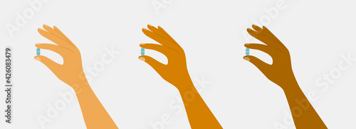 Set of diverse hands with pills. Human fingers hold drugs or vitamins. Healthcare, medical treatment, pharmacy concept. Medicine, health care vector illustration. Multiethnic people holding medication