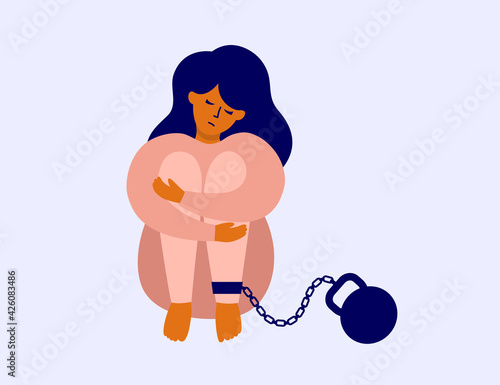 Unhappy woman chained with weight sitting hugging her knees. Burden of responsibility, debt, guilt concept. Gravity of fear, self reproach. Mental disorder, anxiety. Depressed girl vector illustration