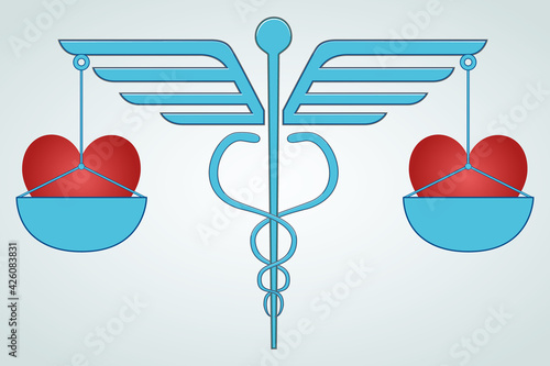 Health equity illustration vector on white background. A design consisting of a caduceus symbol, balances, and red hearts. Health, healthcare, medical and medicine concept design.