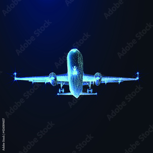 Digital 3d airplane. Abstract vector wireframe of airliner in the blue background. Travel, tourism, business, transportation concept. Low poly dark blue mesh with dots, lines and glowing stars