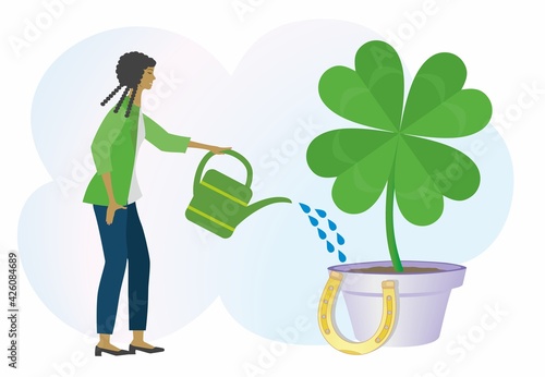 African woman giving water to four leaf clover to improve luck and fortune. Vector illustration. EPS10.