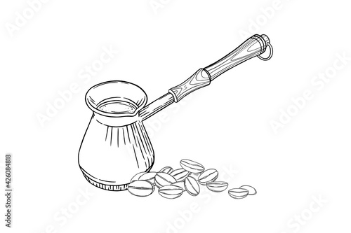 Turkish coffee pot with beans. Side view of cezve pot with arabic coffee beans isolated in white background. Black and white engraved vector illustration