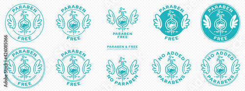 Concept for product packaging. Labeling - paraben free. A paraben chemical flask, with wings and a line of flowing ingredient - a symbol of freedom from parabens. Vector
