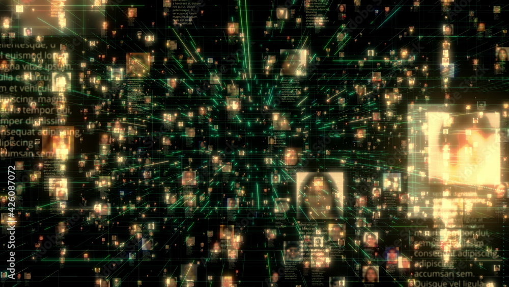artificial intelligence concept of a social network with a flow of unrecognizable people connecting on black background, 3d rendering 4K footage artificial intelligence concept of a social network with a flow of unrecognizable people connecting on black background, 3d rendering 4K footage
