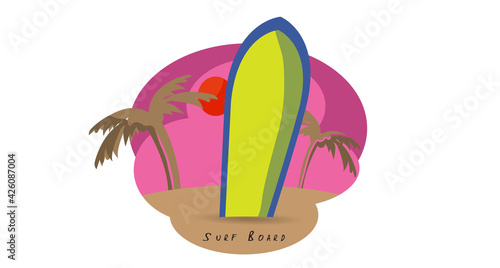 Vector illustration surfboard light green bright blue border seaside summer with coconut tree refreshing concept with green in summer