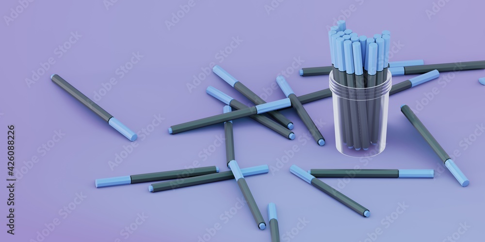 A collection of pens in a 3d isometry glass. Background for education and school. Office store A collection of pens in a 3d isometry glass. Background for education and school. Office store
