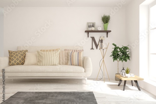 Soft color living room with sofa. Scandinavian interior design. 3D illustration