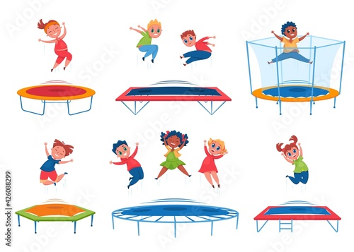 Fototapeta Naklejka Na Ścianę i Meble -  Kids jumping on trampoline. Happy boys, girls bouncing and having fun. Energetic children jump together. Group outdoor activity cartoon vector set. Characters having leisure time and entertainment