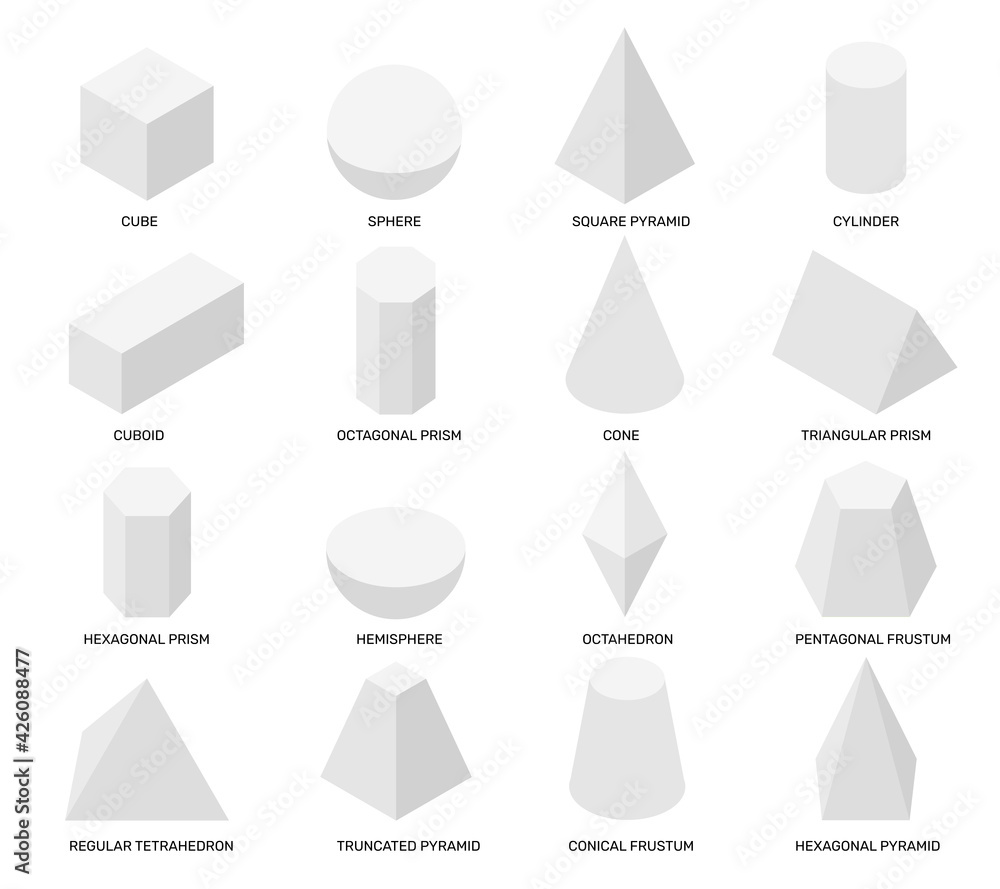 Isometric shapes. White isolated geometric objects, math templates for school studying and abstract design. Cube, prism 3d vector elements set. Science of geometry and math isolated forms Isometric shapes. White isolated geometric objects, math templates for school studying and abstract design. Cube, prism 3d vector elements set. Science of geometry and math isolated forms