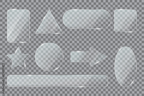 Glass shapes. Clean plastic star, arrow and ellipse, rectangle and triangle. Transparent acrylic or glass 3d realistic buttons vector set. Different textured symbols with glares and light