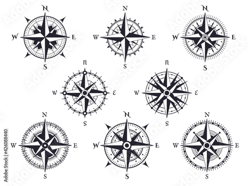 Wind rose. Vintage compass with north, south and west, east pointers. Cartography marine retro map sign or tattoo design vector set. Adventure expedition equipment, world discovery